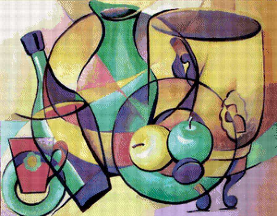 абстракция в натюрморте - абстракция, яблоки, кухня, посуда, картина, фрукты, натюрморт - предпросмотр