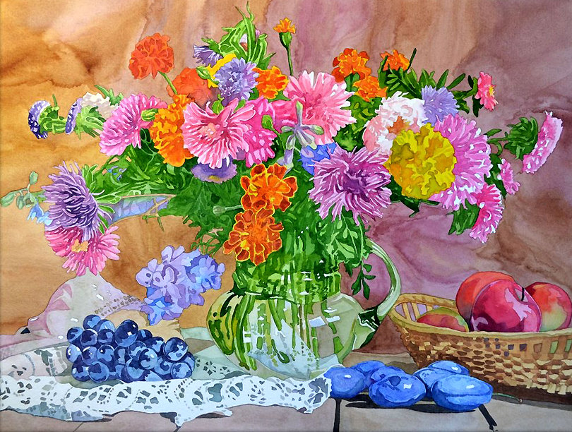 яркий акварельный букет в вазе - фрукты, ваза, панно, цветы, акварель, картина, живопись - оригинал