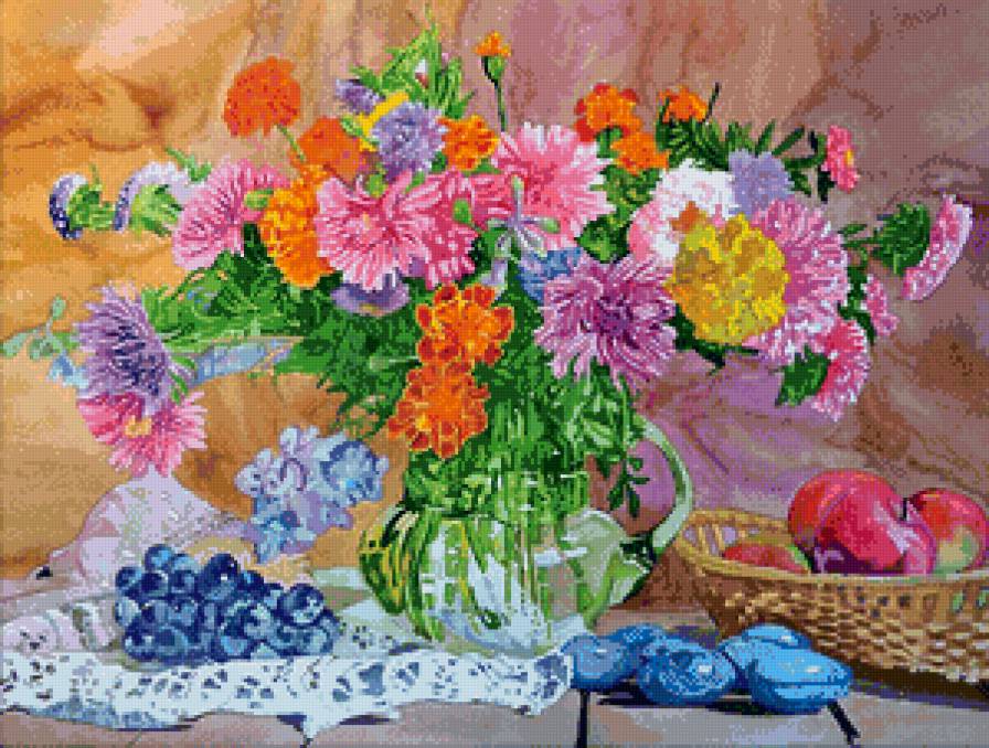 яркий акварельный букет в вазе - цветы, ваза, картина, фрукты, живопись, акварель, панно - предпросмотр