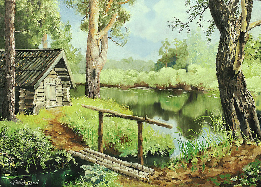 домик лесника - пейзаж, лес, природа, река, мост, лесник, живопись, лето - оригинал