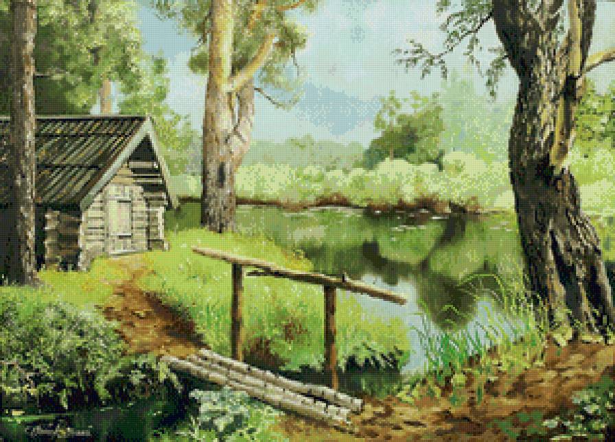 домик лесника - лес, пейзаж, лесник, лето, живопись, природа, река, мост - предпросмотр