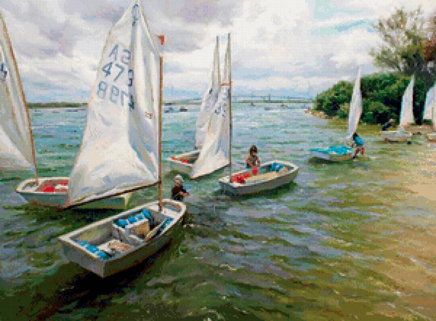 парусники - море, дети, лодки, парусники, природа, пейзаж, лето, живопись - предпросмотр