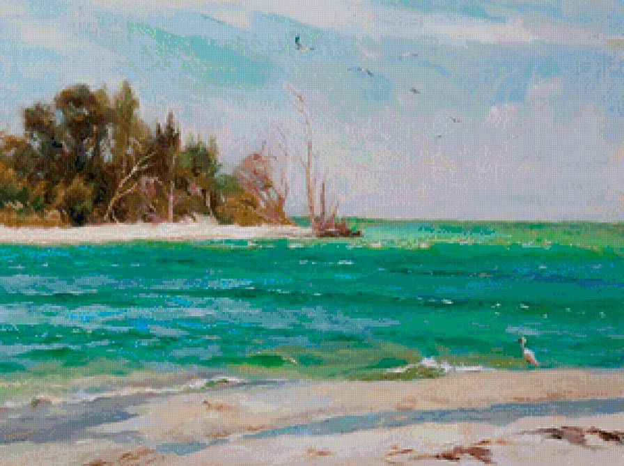 берег океана - пляж, птицы, океан, волны, тропики, берег, лето, живопись - предпросмотр