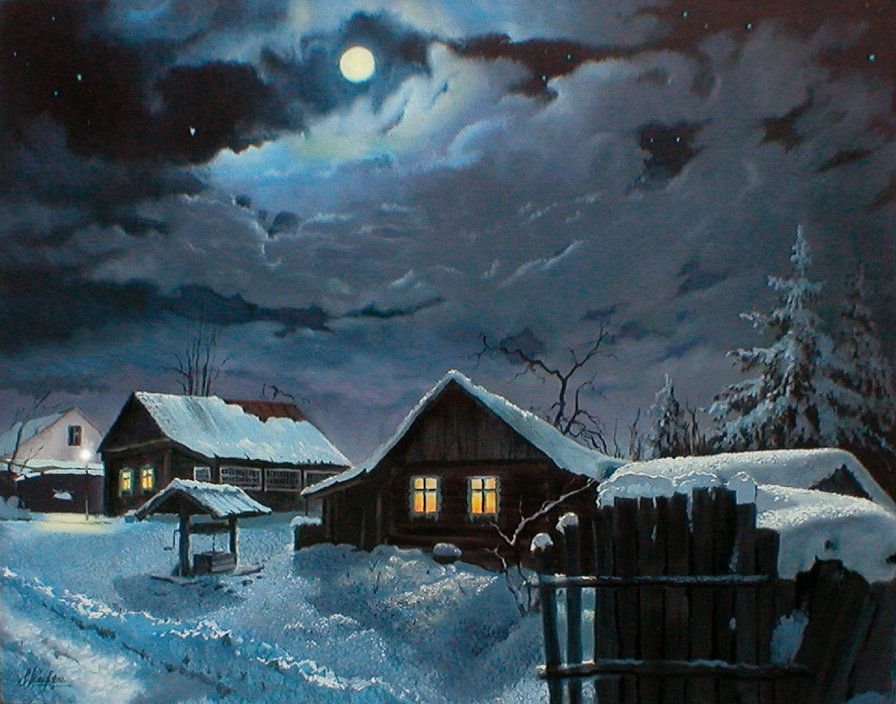 лунная зимняя ночь в деревне - природа, домик, снег, живопись, деревня, зима, ночь, луна - оригинал