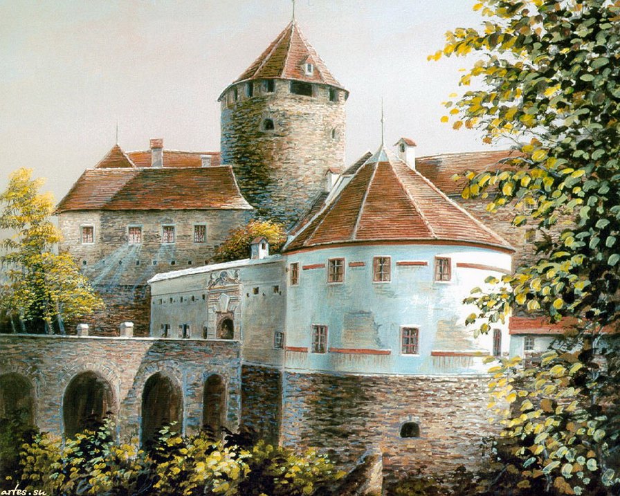 средневековый замок - картина, живопись, сказка, пейзаж, замок, осень, австрия - оригинал