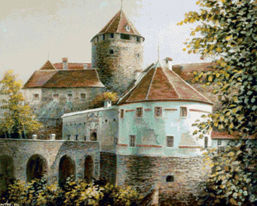 средневековый замок - пейзаж, живопись, сказка, замок, осень, австрия, картина - предпросмотр