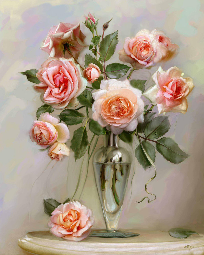 букет кремовых роз - живопись, розы, ваза, цветы, кувшин, натюрморт, букет - оригинал
