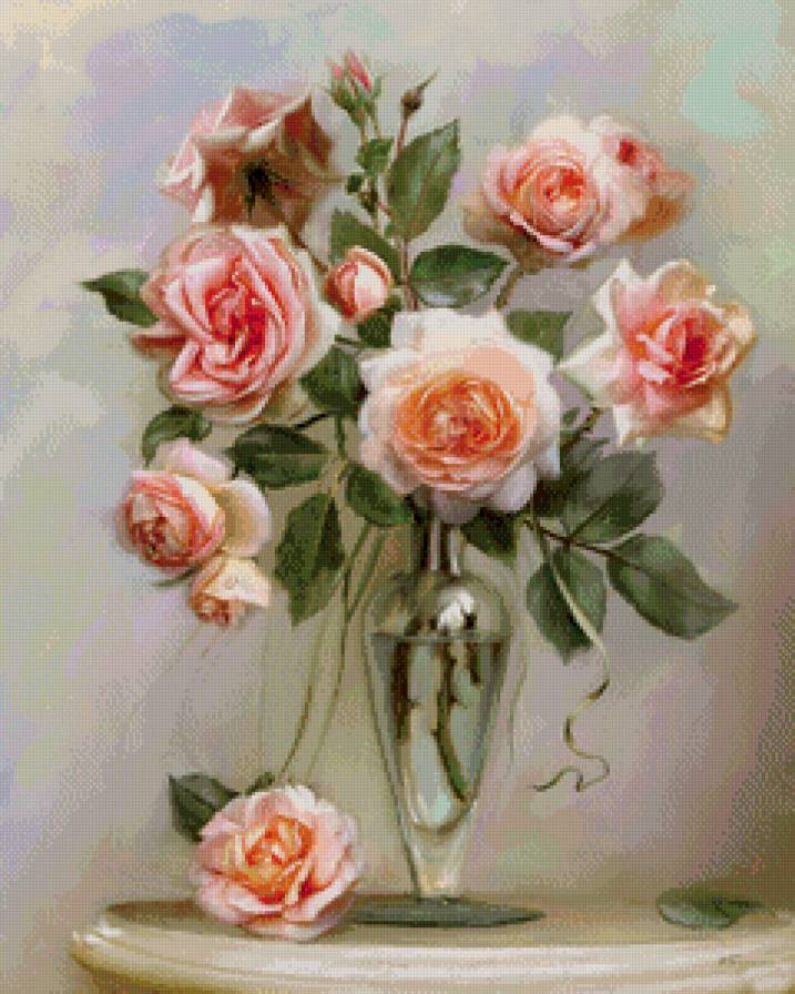 букет кремовых роз - живопись, цветы, ваза, розы, натюрморт, кувшин, букет - предпросмотр