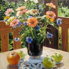 натюрморт с цветами и фруктами на террасе
