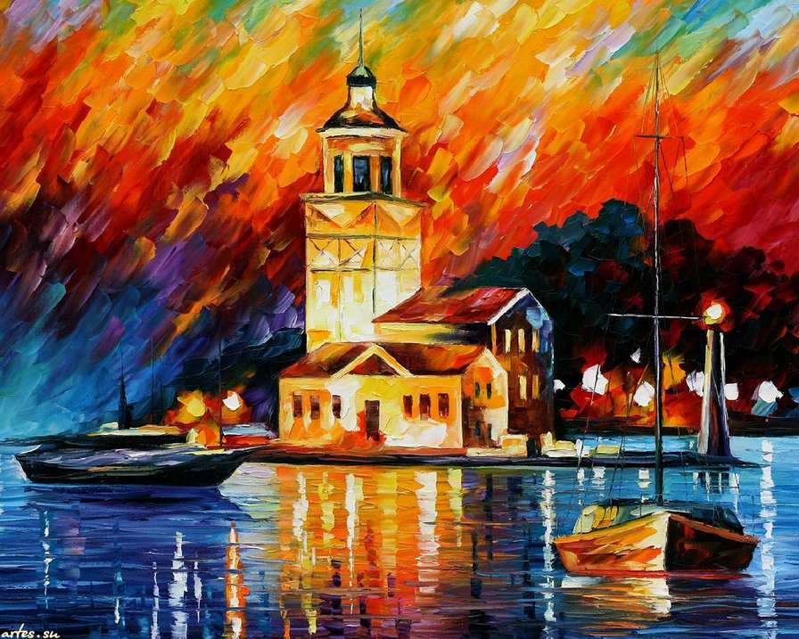 лодки вечером - вечер, краски, лодки, маяк, живопись, закат - оригинал