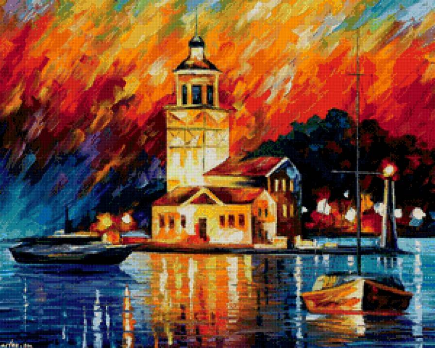 лодки вечером - вечер, живопись, лодки, закат, маяк, краски - предпросмотр