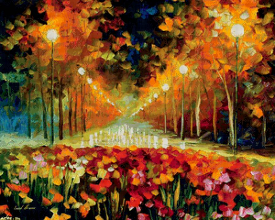 вечерний парк после дождя - живопись, краски, аллея, дождь, цветы, вечер, парк, фонарь - предпросмотр