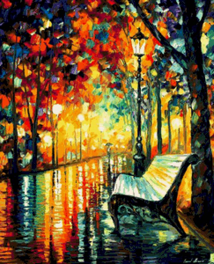 Ночной парк - афремов, фонарь, лавка, ночь, картина, парк - предпросмотр