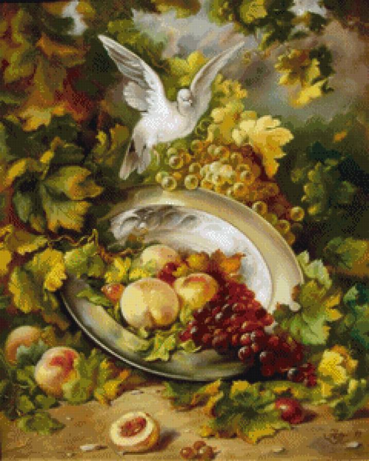 натюрморт - виноград, натюрморт, голубь - предпросмотр