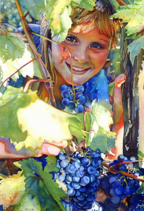 девочка и виноград - акварель, виноград, портрет, фрукты, девочка, лоза - оригинал