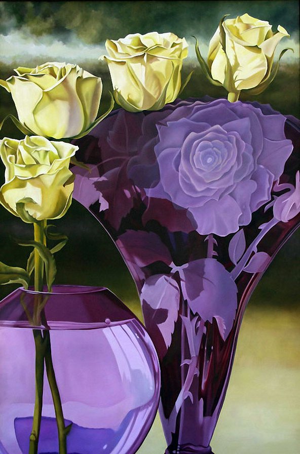 розы в фиолетовой вазе - розы, натюрморт, кувшин, букет, живопись, цветы, ваза - оригинал