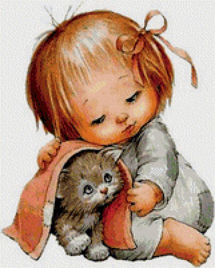 девочка и котенок - животные, дети - предпросмотр