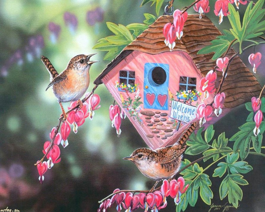 Птичий домик - птицы, цветы, скворечник - оригинал