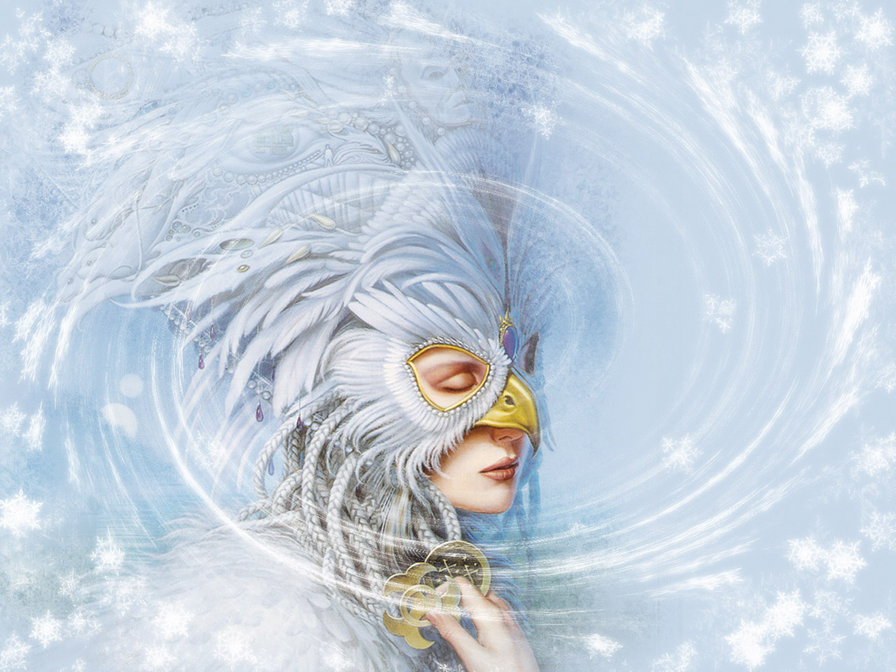 Девушка - тайна - снег, тайна, девушка, перья, маска - оригинал