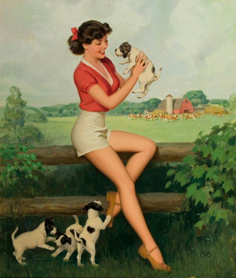 Девушка на ферме - пин ап, ферма, щенок, pin up, девушка - оригинал