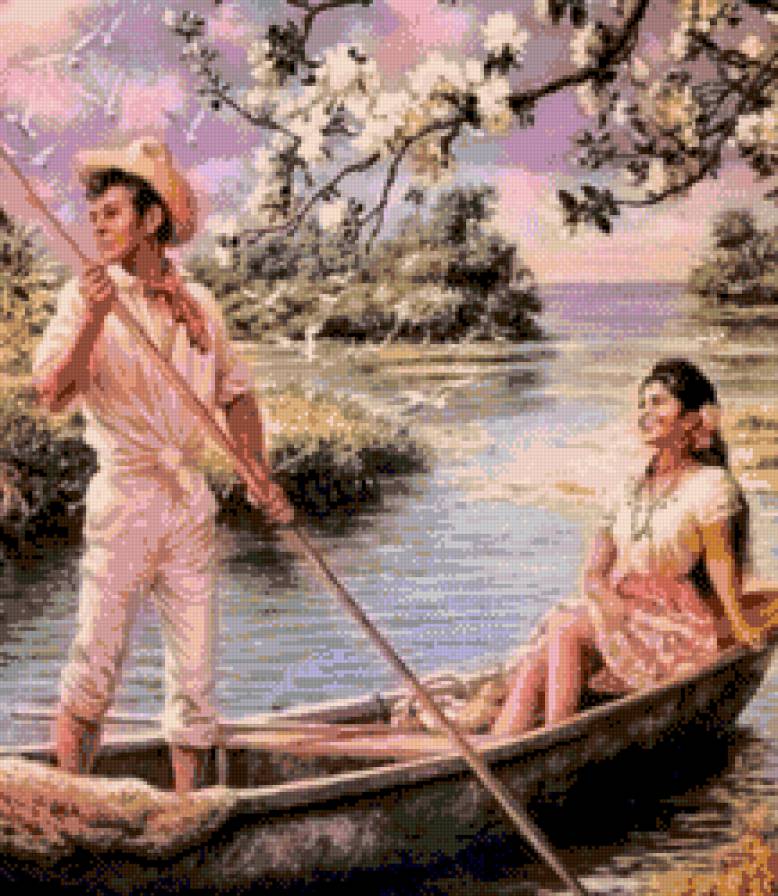 В лодке - он и она, пейзаж, река, лодка - предпросмотр