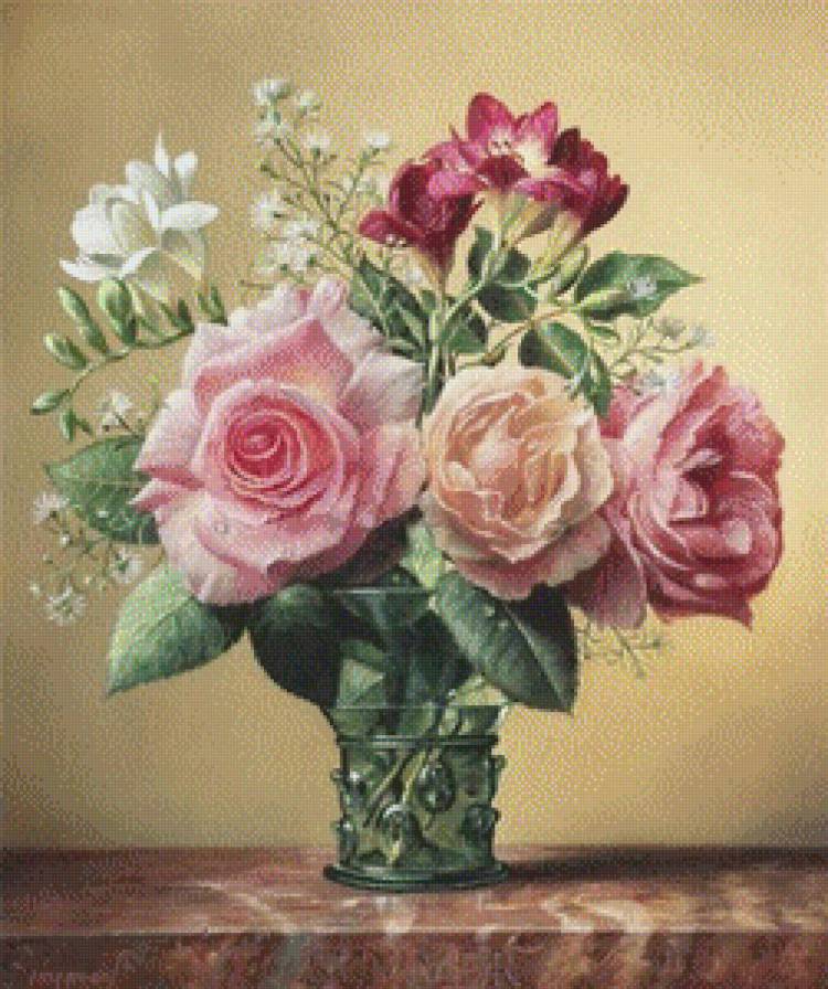Букет роз - роза, натюрморт, цветы, ваза - предпросмотр