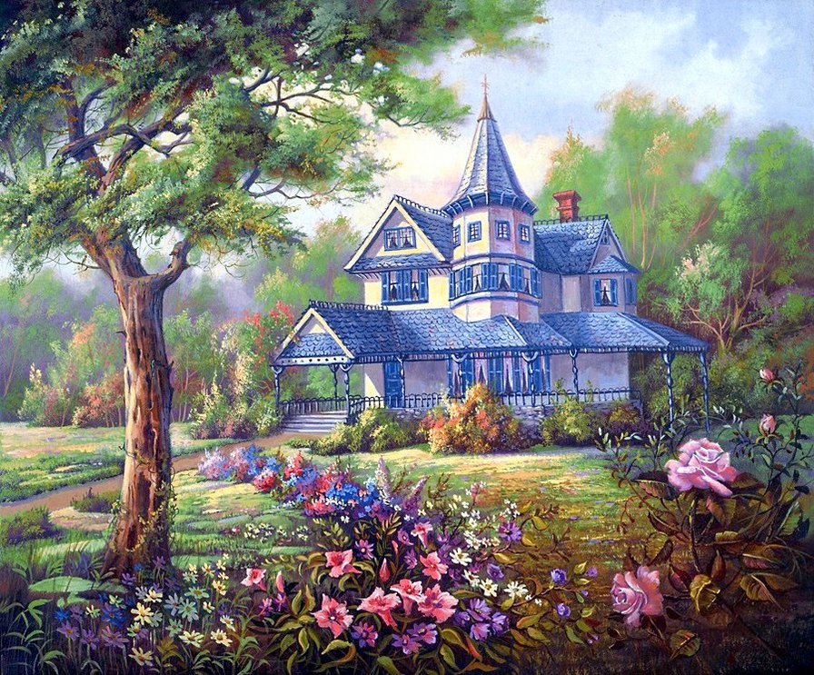 Дом в лесу - цветы, дом, деревья, природа, пейзаж - оригинал