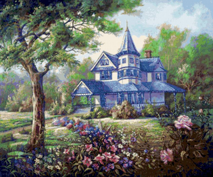 Дом в лесу - пейзаж, деревья, дом, природа, цветы - предпросмотр