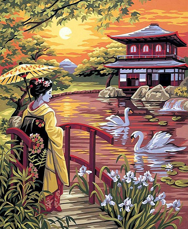 Дальний Востотк - девушка, лебеди, пагода, восток - оригинал