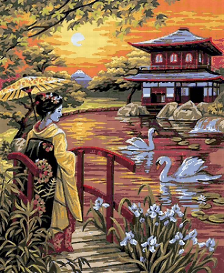 Дальний Востотк - лебеди, девушка, восток, пагода - предпросмотр