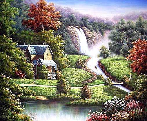 Величественный вид - пейзаж горы водопад, дом в горах - оригинал