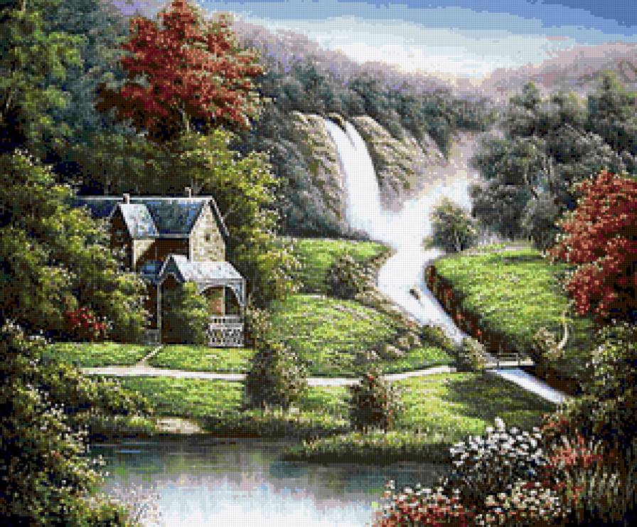 Величественный вид - дом в горах, пейзаж горы водопад - предпросмотр