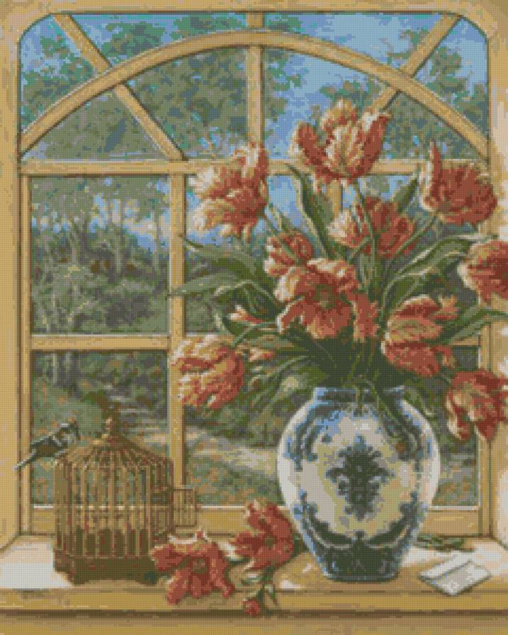 Букет на подоконнике - букет, ваза, окно - предпросмотр