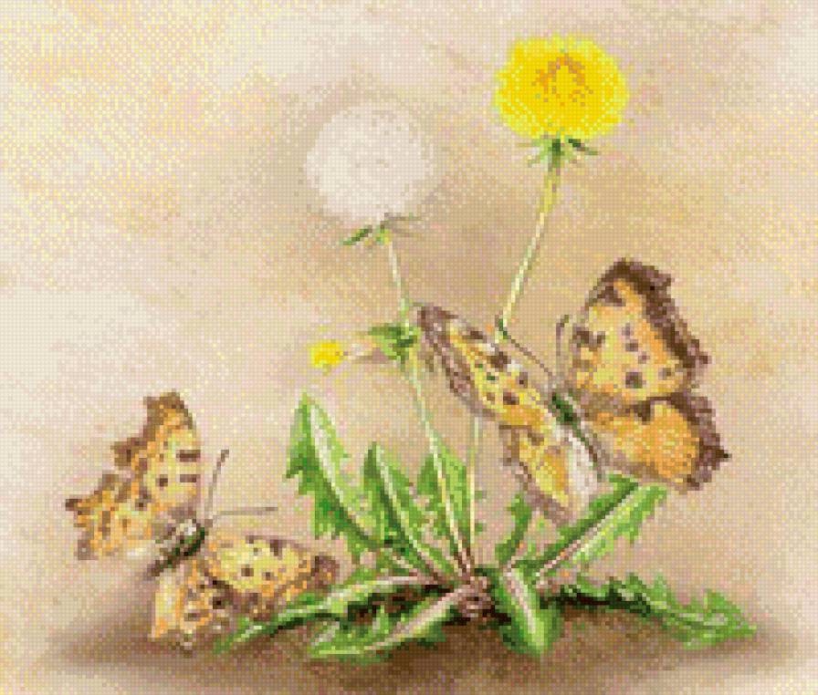 одуванчик и бабочки - картина, цветы, искусство, бабочки, живопись - предпросмотр