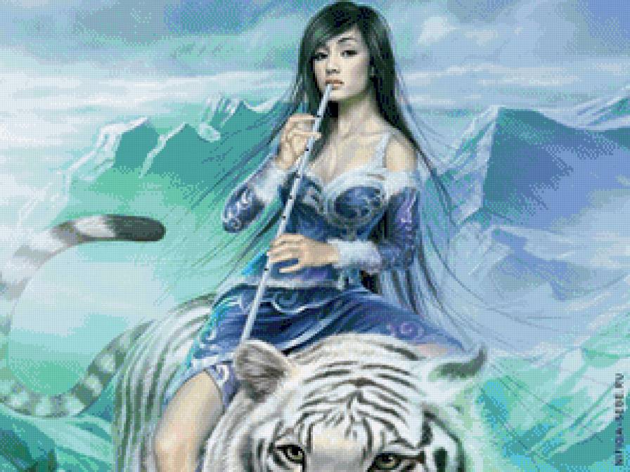 Девушка на тигре - девушка, тигр, азиатка, фэнтези, ешуи танг, флейта - предпросмотр