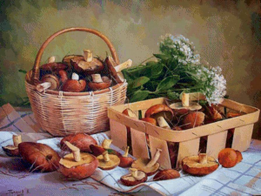 грибной день - дар, живопись, лес, натюрморт, корзина, грибы - предпросмотр