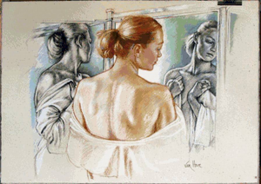 девушка перед зеркалом - арт, женщина, графика, красота, портрет, зеркало, девушка - предпросмотр