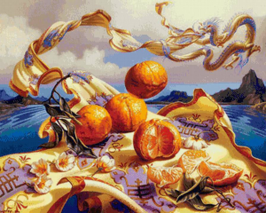 натюрморт с мандаринами - абстракция, мандарины, кухня, еда, натюрморт, живопись, фрукты - предпросмотр