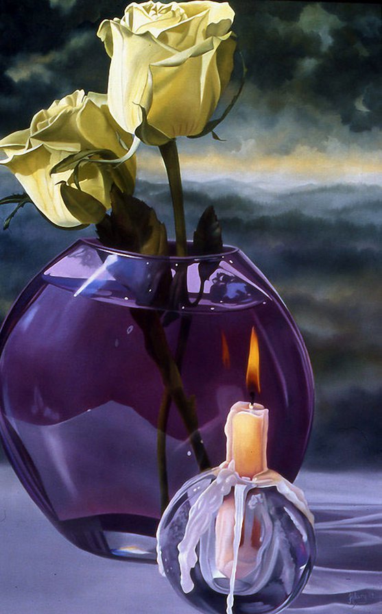 розы и свеча - свеча, букет, живопись, цветы, ваза, розы, огонь, натюрморт - оригинал