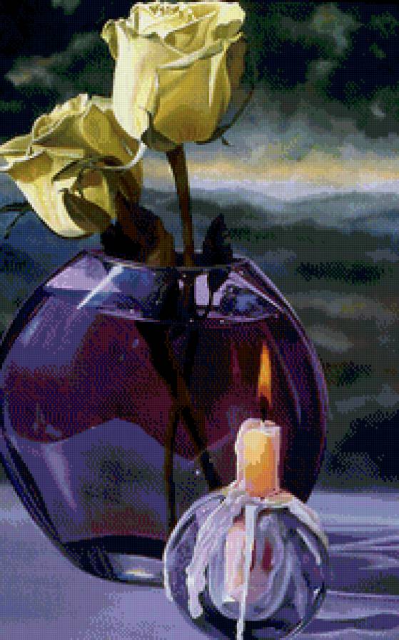 розы и свеча - ваза, розы, живопись, огонь, цветы, натюрморт, букет, свеча - предпросмотр