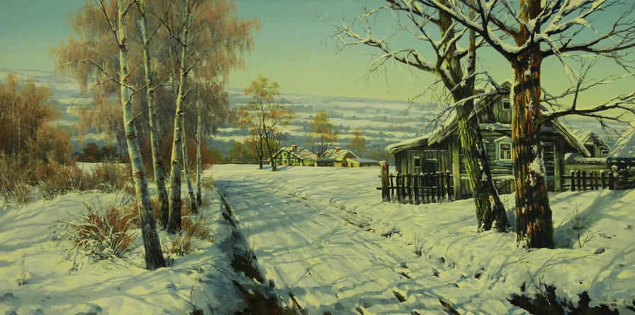 зима в деревне - мороз, деревня, природа, снег, живопись, пейзаж, зима, домик - оригинал