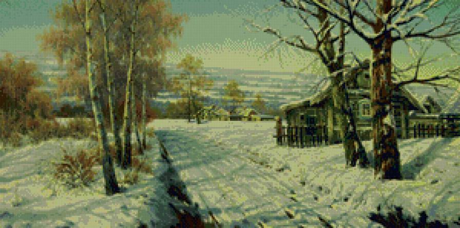 зима в деревне - пейзаж, домик, природа, снег, деревня, живопись, зима, мороз - предпросмотр