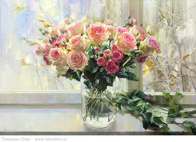 букет кремовых роз на подоконнике - живопись, ваза, окно, розы, подоконник, букет, натюрморт, цветы - оригинал