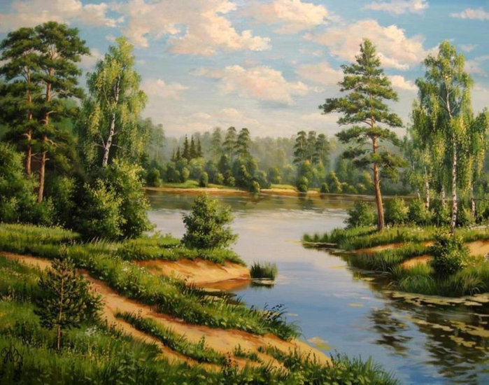 летний пейзаж с рекой - сосны, лето, природа, река, дерево, лес, живопись, пейзаж - оригинал