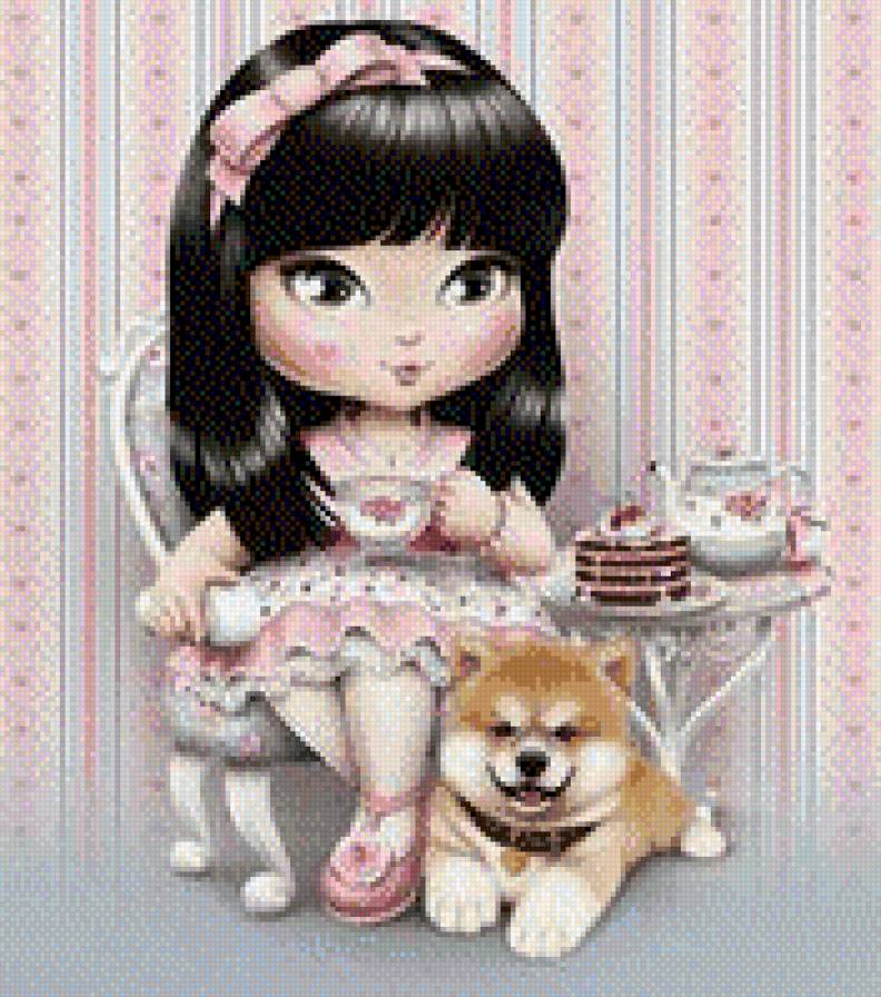 Muñequita Jolie tomando el te+perrito - infantil - предпросмотр