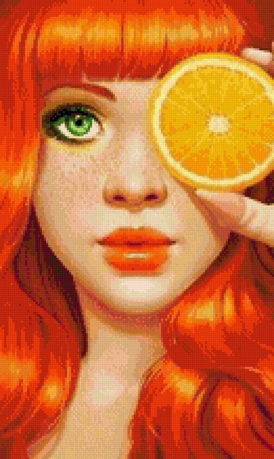 Фруктовая серия - апельсин, зеленоглазка, портрет, рыжая, девушка - предпросмотр