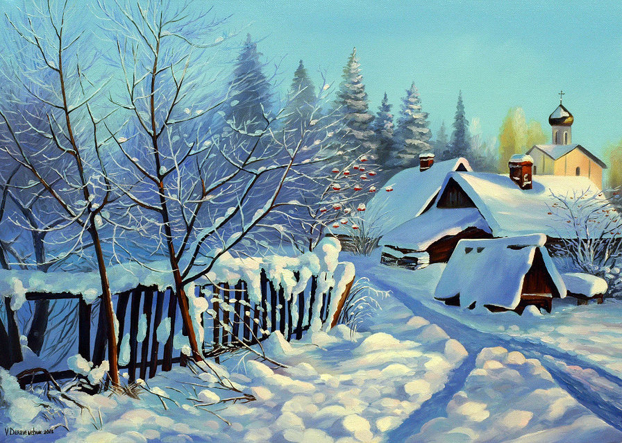 зима в деревне - церковь, живопись, пейзаж, мороз, природа, зима, снег, деревня - оригинал