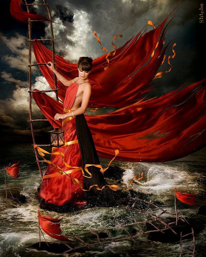 покорение стихии - стихия, красное платье, море. девушка - оригинал