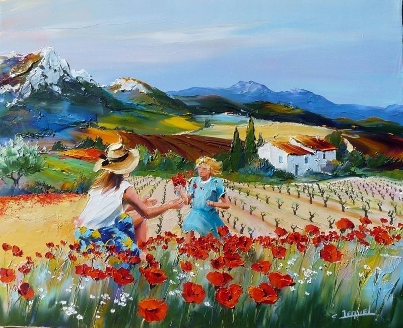 мать с ребёнком в маках - маки, поле, горы, пейзаж, мать, ребенок, семья, прованс - оригинал