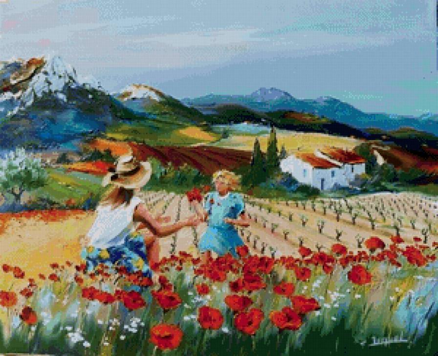 мать с ребёнком в маках - семья, мать, маки, пейзаж, горы, поле, ребенок, прованс - предпросмотр